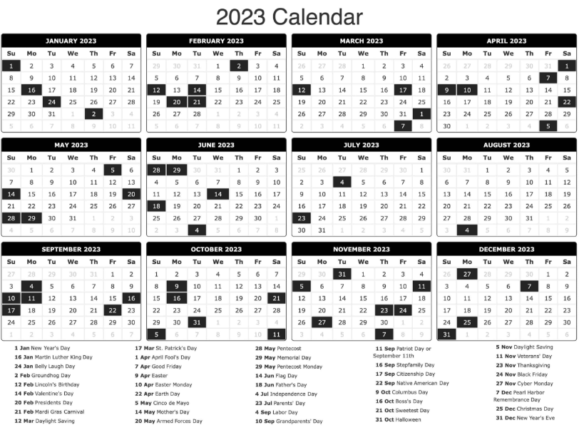 calendar of 2023 with holidays